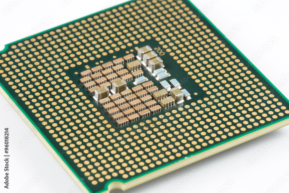 Computer cpu chip close up white background Computer cpu chip close up white background