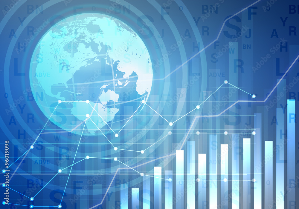 Globe with world map icons and charts.