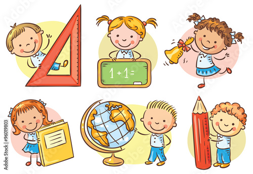 Set of cartoon school kids holding different school objects