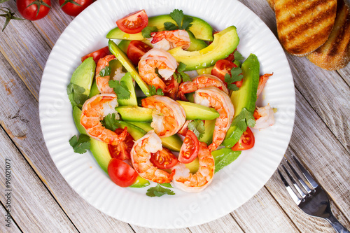 Shrimp and avocado salad. View from above
