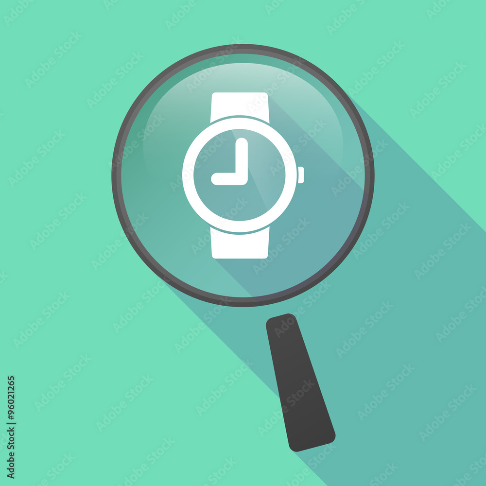 Long shadow magnifier vector icon with a wrist watch Long shadow magnifier vector icon with a wrist watch