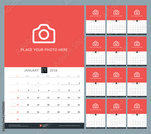 Wall Calendar for 2016 Year. Vector Design Print Template with Place for Photo. Week Starts Sunday. Set of 12 Months