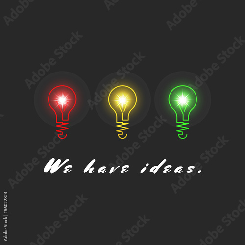 Concept innovation ideas, inspiration creative result, row three colorful light bulbs, realistic light black background