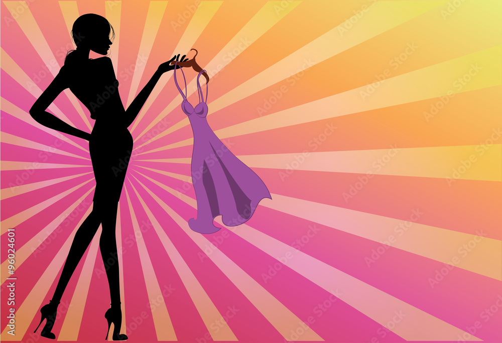 Fototapeta premium Silhouette fashion girl with a dress in the hands