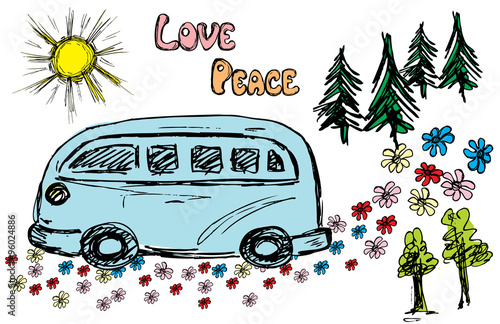 Hippie van traveling on the road flower