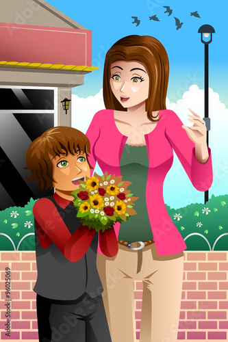 Girl Giving Bouquet of Flowers to Mother