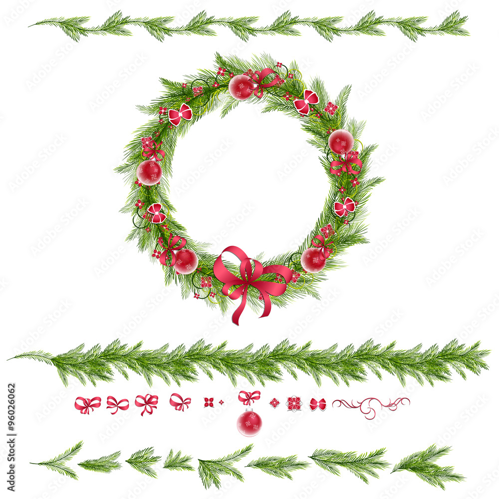 Christmas wreath with christmas balls, abstract flowers. Christmas borders. Set of christmas pine twigs and holiday decorations: balls, tapes and bows. Vector, EPS 10. Christmas wreath with christmas balls, abstract flowers. Christmas borders. Set of christmas pine twigs and holiday decorations: balls, tapes and bows. Vector, EPS 10.