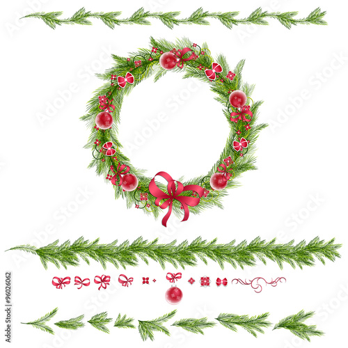 Christmas wreath with christmas balls, abstract flowers. Christmas borders. Set of christmas pine twigs and holiday decorations: balls, tapes and bows. Vector, EPS 10.