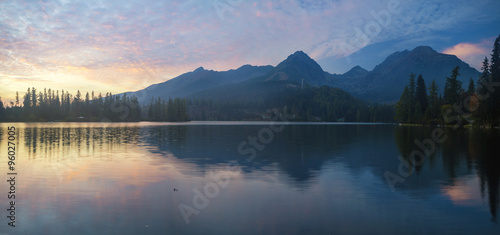 sunset over a mountain lake Strbske Pleso