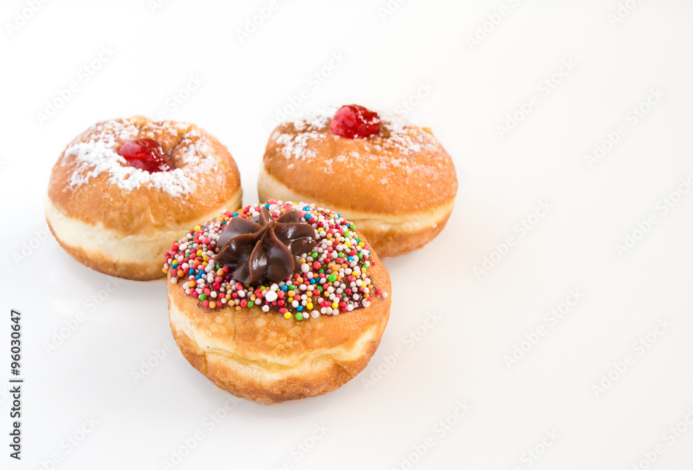 Close up of fresh donuts for Hanukkah Jewish Holiday.