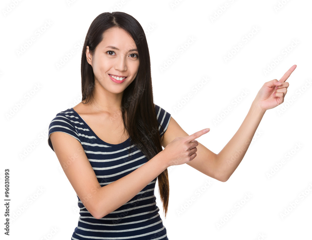 Asian Woman with two finger point up Asian Woman with two finger point up
