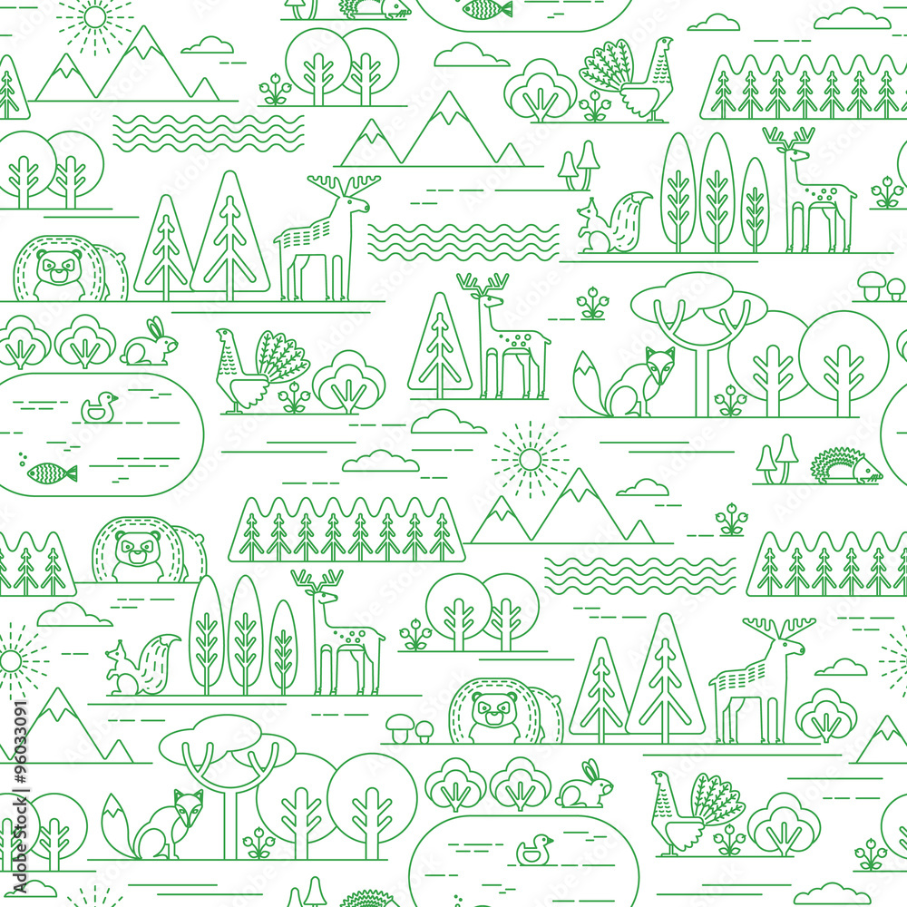 Vector seamless pattern with forest flora and fauna.