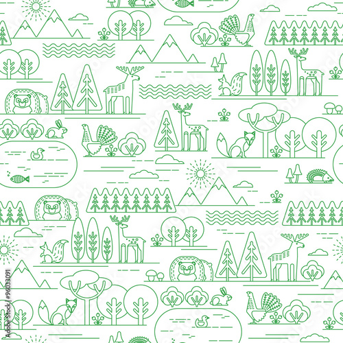 Vector seamless pattern with forest flora and fauna.