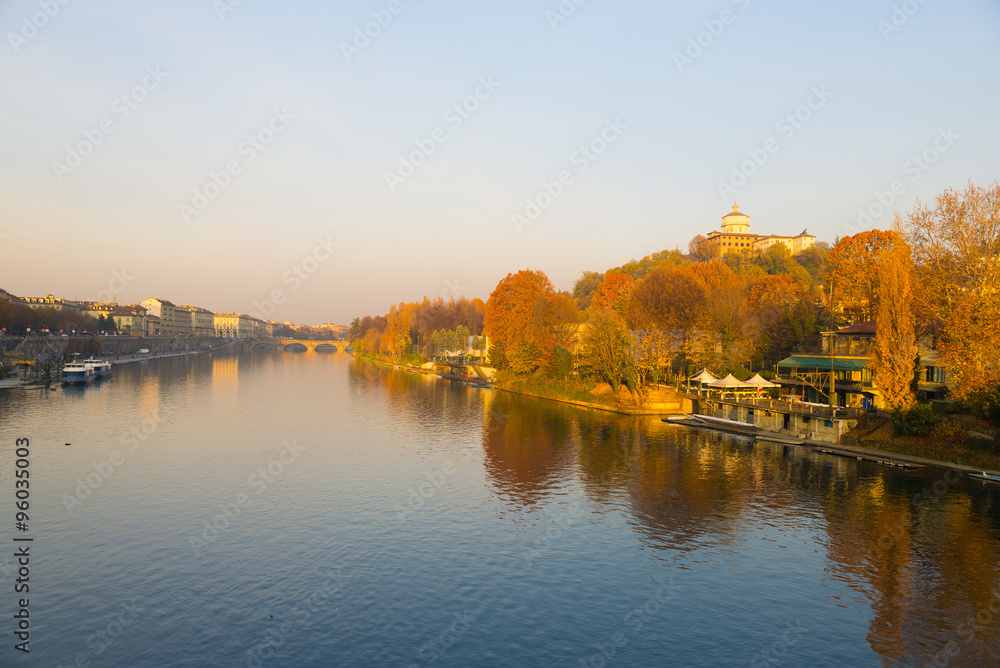 Turin (Torino), Po River, church on hill and colorful trees