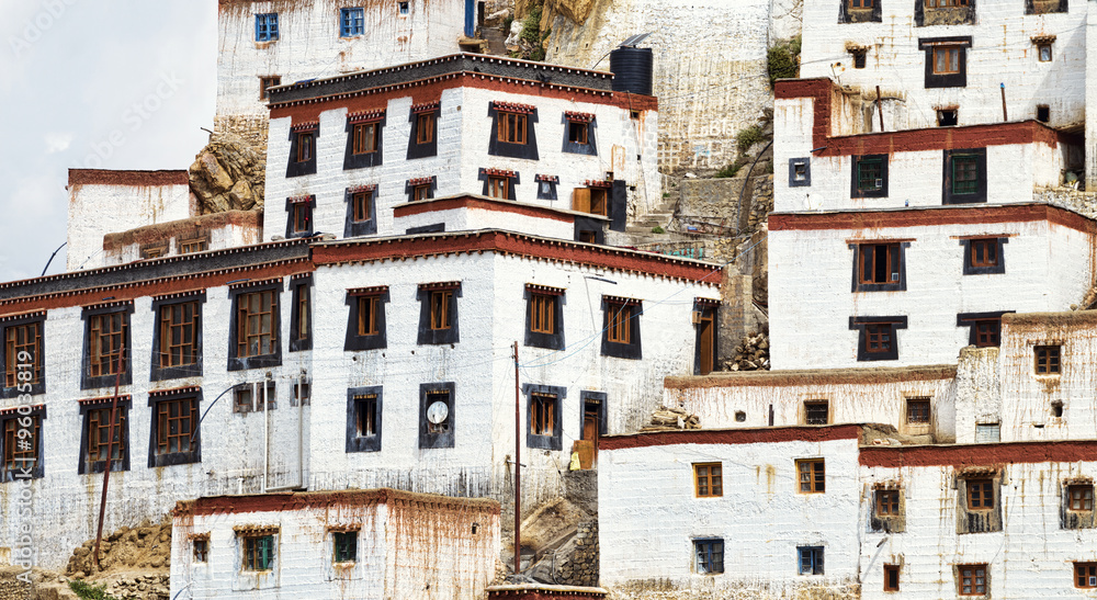 White stucco tibetan style buildings facade of Buddhist monastery