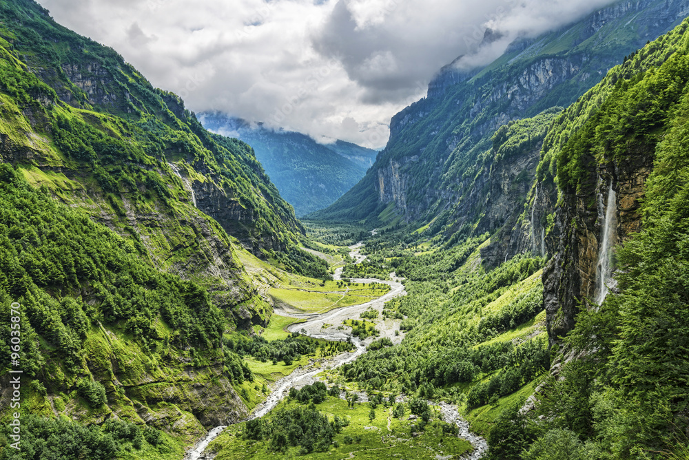 Fototapeta premium Green river valley canyon wide summer panorama Alpine mountain landscape
