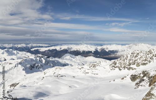Winter alpine ski resort landscape panorama