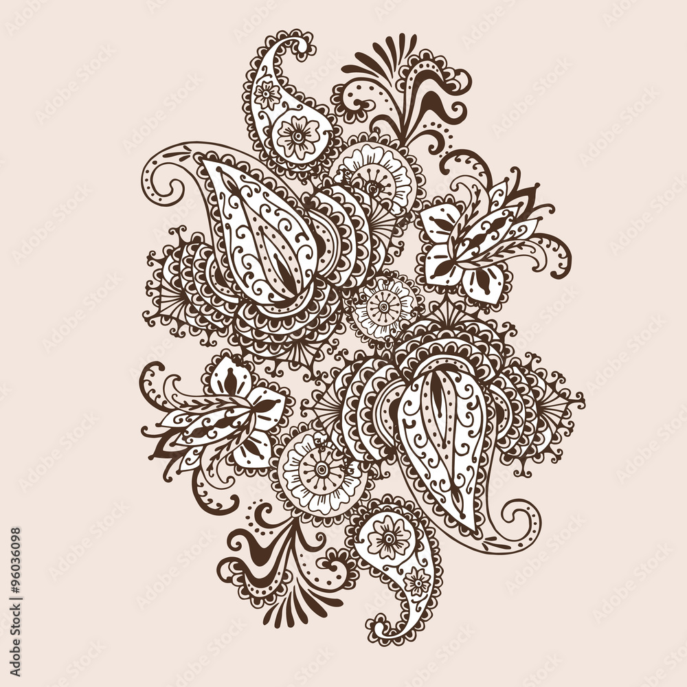 Hand-Drawn Henna Mehndi Abstract Mandala Flowers and Paisley Doodle Vector Illustration Design Elements