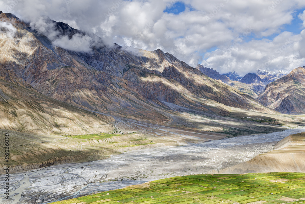 Panorama of Spiti valley green fields and snow peaks background