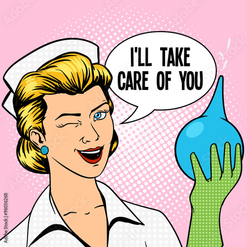 Nurse with enema comic book style vector photo