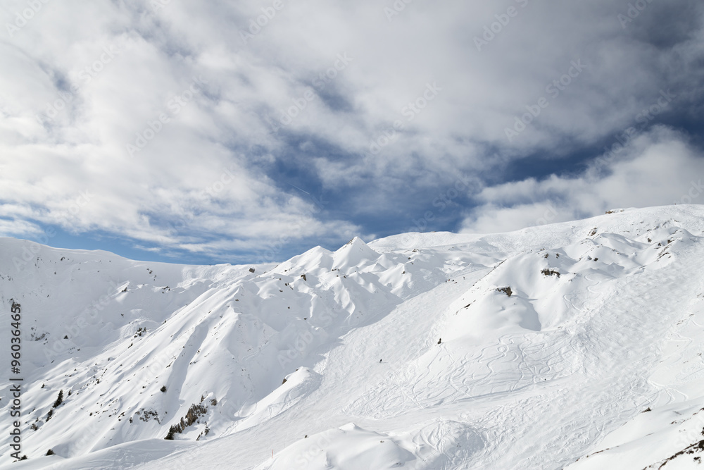 Winter ski alpine resort slopes aerial view