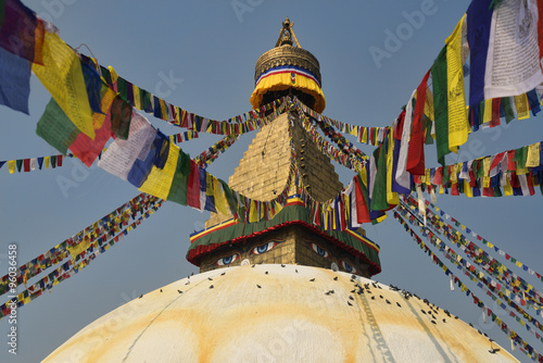 Boudnath Stupa with lots of colorful prayer flags and doves in Kathmandu