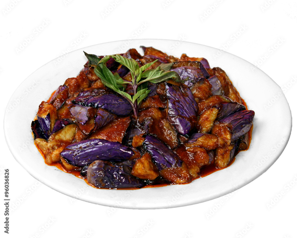 Eggplant and tofu with Chinese purple basil, Indonesian cuisine Eggplant and tofu with Chinese purple basil, Indonesian cuisine