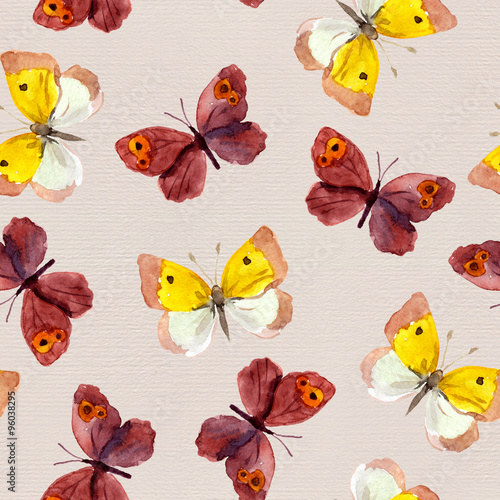Seamless backdrop with watercolor hand painted red and white-yellow butterflies on linen canvas background 