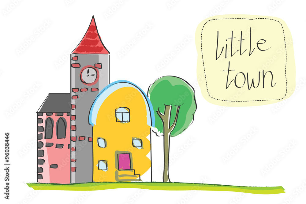 Vector illustration of old little town. Cartoon historic buildings city town. Vintage drawing of clock town, Vector illustration of old little town. Cartoon historic buildings city town. Vintage drawing of clock town,
