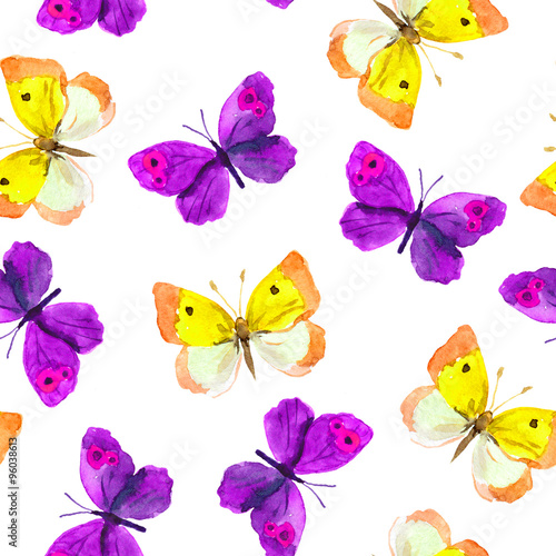 Seamless repeated wallpaper tile with violet and yellow watercolor drawing - butterflies on white background 