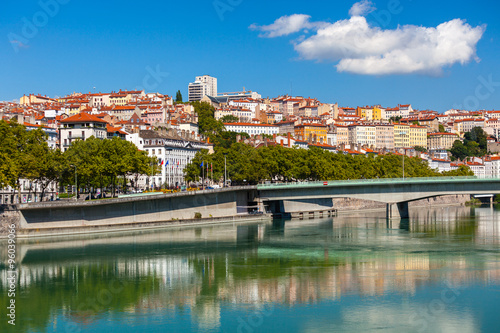 Cityscape of Lyon, France with reflections in the water