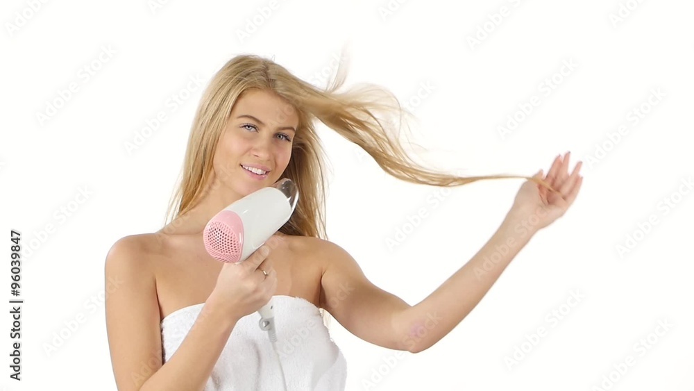 beautiful woman in bathroom drying hair with blow dryer. Close up, slow motion, bathroom beautiful woman in bathroom drying hair with blow dryer. Close up, slow motion, bathroom
