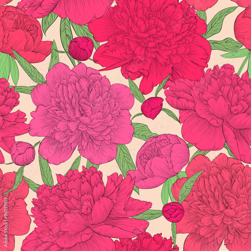 beautiful seamless background. pink peonies with green leaves and buds. Perfect for greeting cards and invitations of the wedding, birthday, Valentine's Day, mother's day and other seasonal holidays