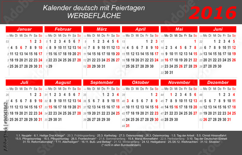 Kalender 2016 - grau-rot - quer - deutsch - mit Feiertagen