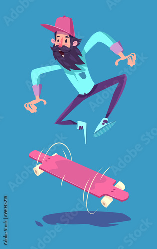Funny hipster on longboard character. Isolated vector illustration