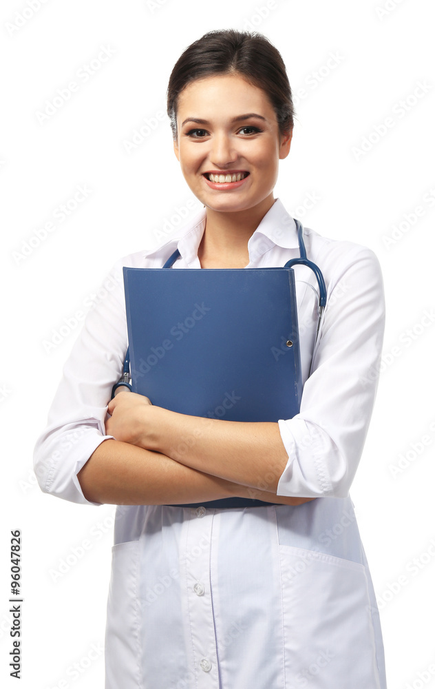 Smiling medical doctor holding a folder isolated on white Smiling medical doctor holding a folder isolated on white