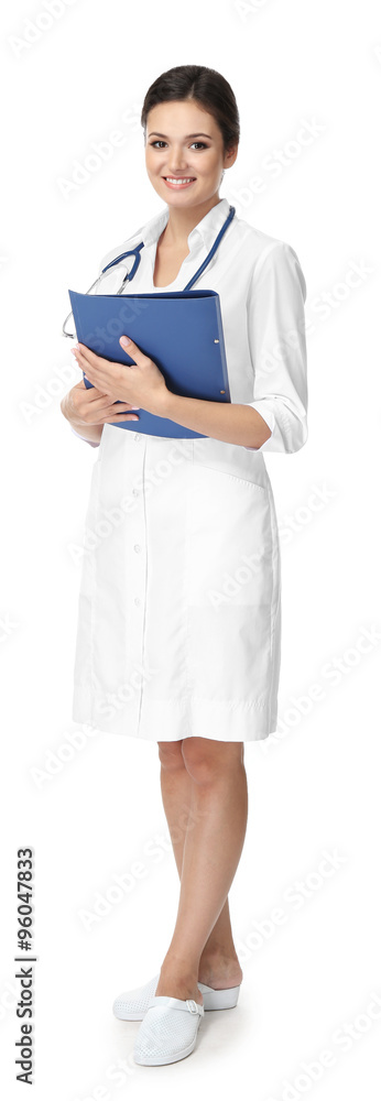 Smiling medical doctor holding a folder isolated on white Smiling medical doctor holding a folder isolated on white