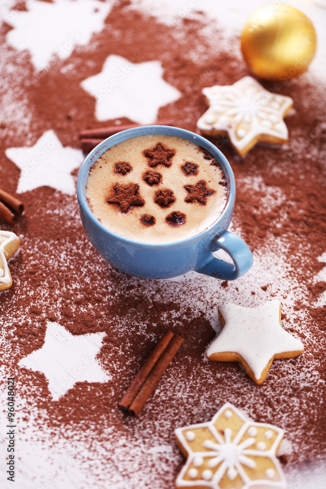 Beautiful composition with cup of cappuccino and Christmas cookies Beautiful composition with cup of cappuccino and Christmas cookies
