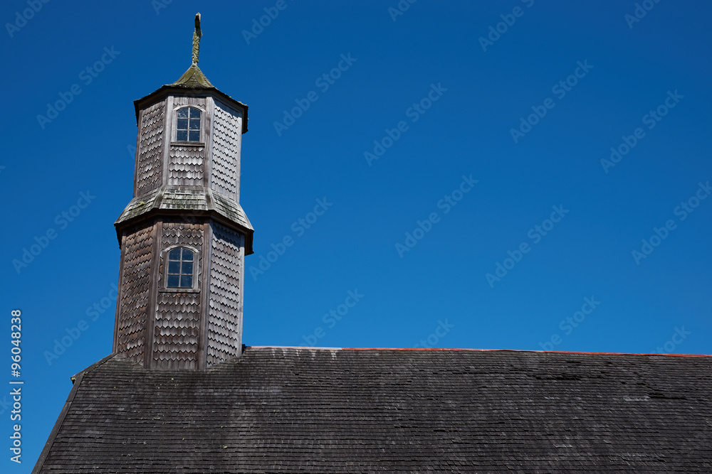 Tower of historic wooden church, Iglesia de Colo, built in the 17th
