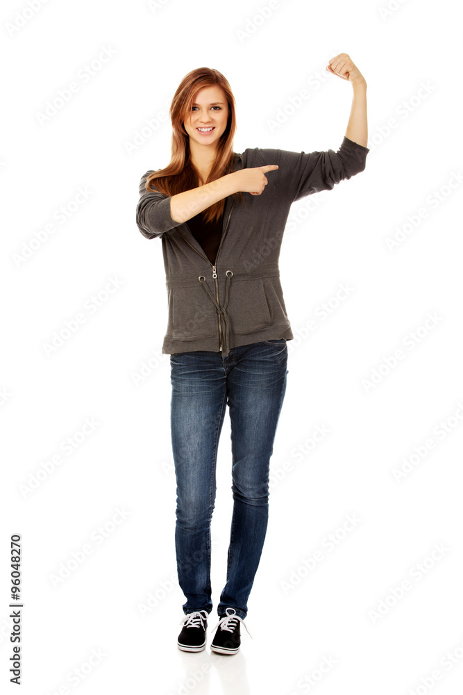 Funny woman showing her muscles Funny woman showing her muscles