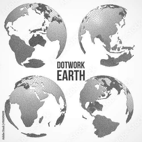 Set of 3D Earth Planet Globe. Vector Dotwork