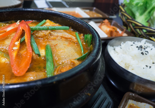 Kimchi with spicy soup and rice