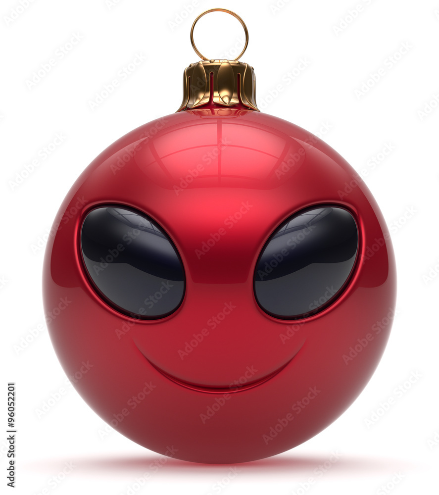 Smiley alien face Christmas ball Happy New Year's Eve bauble cartoon cute emoticon decoration red. Merry Xmas cheerful funny smile person character toy laughing eyes joy adornment concept. 3d render Smiley alien face Christmas ball Happy New Year's Eve bauble cartoon cute emoticon decoration red. Merry Xmas cheerful funny smile person character toy laughing eyes joy adornment concept. 3d render