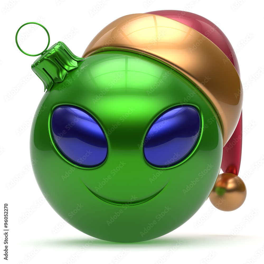 Christmas ball Happy New Year's Eve bauble smiley alien face cartoon cute  emoticon decoration green. Merry Xmas cheerful funny smile Santa hat person  character toy laughing eye joy adornment 3d render Stock