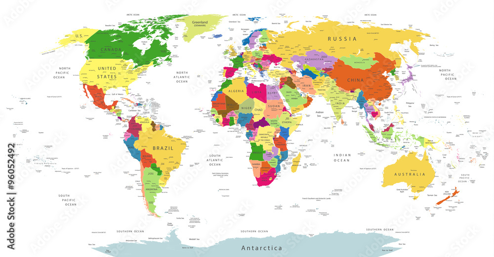 Fototapeta Bardzo Szczegółowa Polityczna Światowa Mapa Odizolowywająca Na Bielu