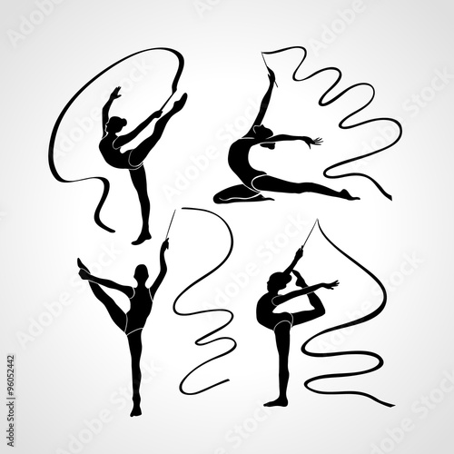Silhouettes of gymnastic girls. Art gymnastics with ribbon, vector illustration set