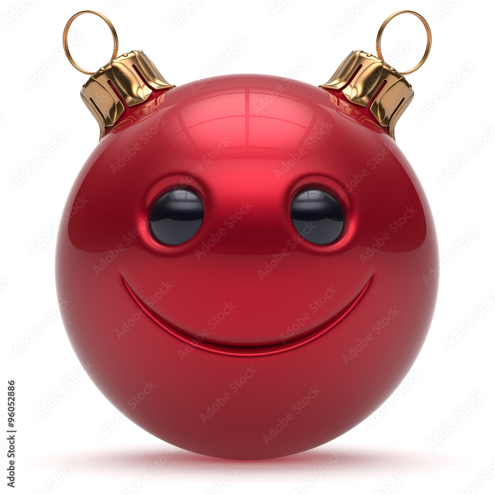Christmas ball smiley face Happy New Year's Eve emoticon bauble cartoon cute decoration red. Merry Xmas cheerful funny smile person character toy laughing joyful adornment souvenir concept. 3d render Christmas ball smiley face Happy New Year's Eve emoticon bauble cartoon cute decoration red. Merry Xmas cheerful funny smile person character toy laughing joyful adornment souvenir concept. 3d render