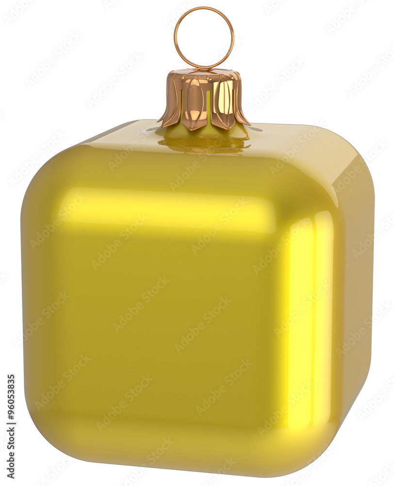 Obraz premium Christmas ball cube geometric unusual yellow decoration New Year's Eve bauble hanging adornment. Traditional wintertime holidays home square ornament Merry Xmas symbol shiny blank. 3d render isolated