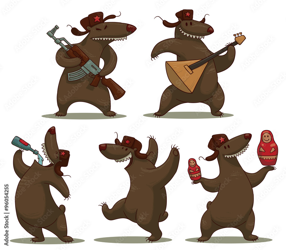 Obraz premium Vector cartoon image of five funny Russian brown a bear in hat with earflaps in various poses with an assault rifle, a balalaika, vodka and matryoshka dolls on a white background.