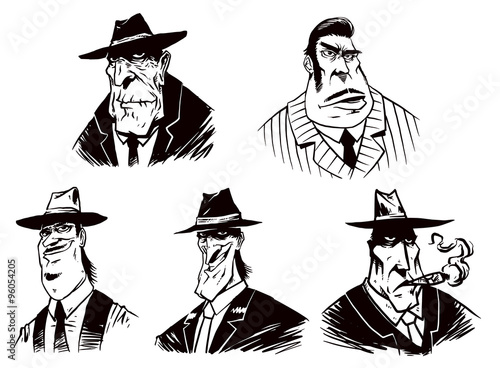 Vector Set of Gangsters. Cartoon image of five gangster of different ages in suits and hats, painted in black on a white background.